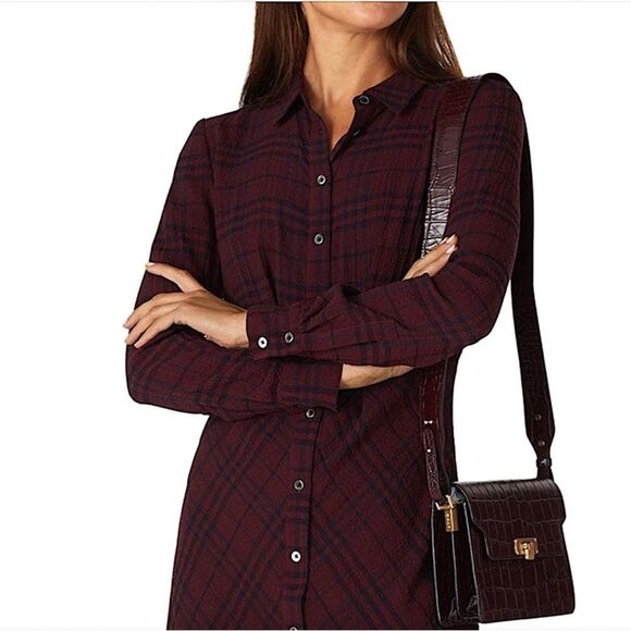 THAKOON COLLECTIVE | Plaid Burgundy & Navy Blue Crepe Shirt Dress Women’s Size 0 - Picture 2 of 14